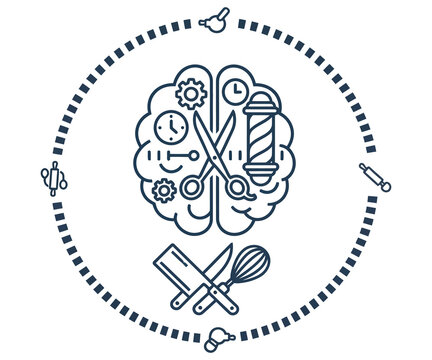 Minimalist brain icon with barber and chef tools, creative profession concept illustration, vocational skills and mental expertise graphic