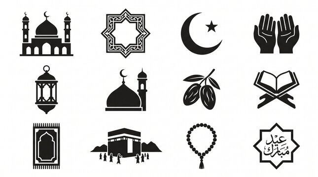 Set of black Islamic vector icons featuring mosques, crescent moon, Quran, Kaaba, prayer mat, dates, lantern, and calligraphy.