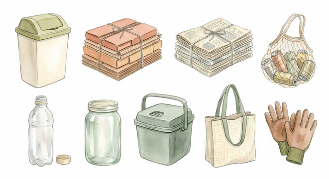 リサイクルとごみ分別の用品 アイコンセット 水彩