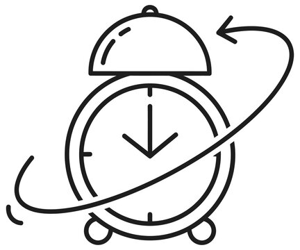 Minimalist alarm clock icon with circular arrow, time management symbol, black and white outline of a clock for business productivity