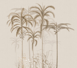 Vintage Sepia Palm Trees Botanical Illustration - Minimalist Boho Tropical Wall Art Background © Mondal_01