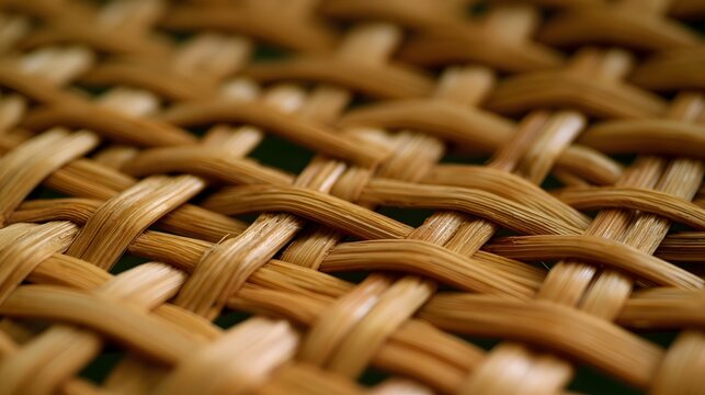 Close up of woven natural fiber pattern showing textured interlaced strands under warm lighting