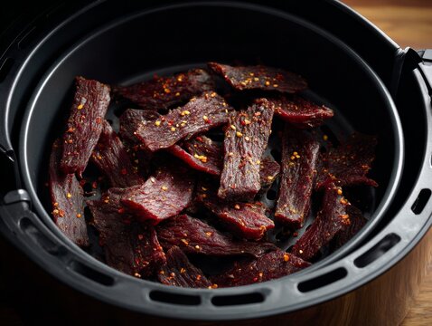 Homemade spicy beef jerky strips dried in air fryer basket
