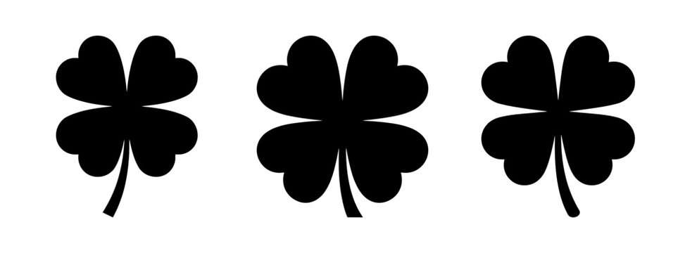 Three Black Four Leaf Clover Icons, Luck Symbol Vector Graphics, Good Fortune Symbols