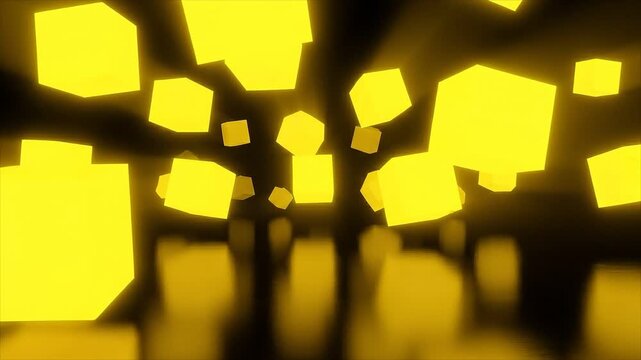 Yellow neon cubes float and rotate in black space creating a bold seamless geometric background.