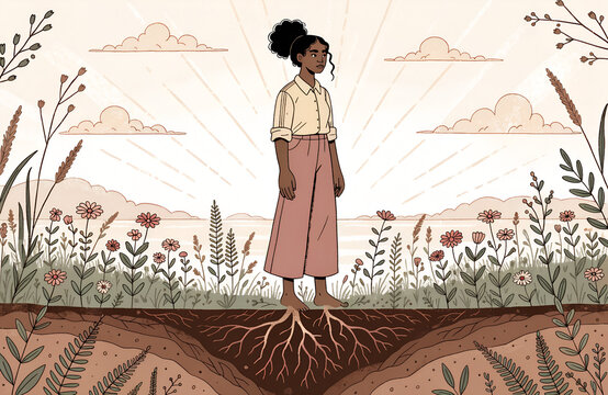 Stylized illustration of person standing in field with roots extending into soil symbolizing anxiety therapy mindfulness grounding relaxation and nature connection generated ai