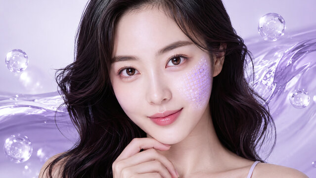 Beautiful young Asian woman with glowing skin and lavender laser skincare effect