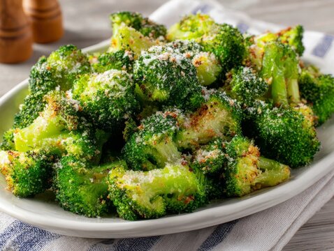 Healthy parmesan roasted broccoli side dish served on white platter