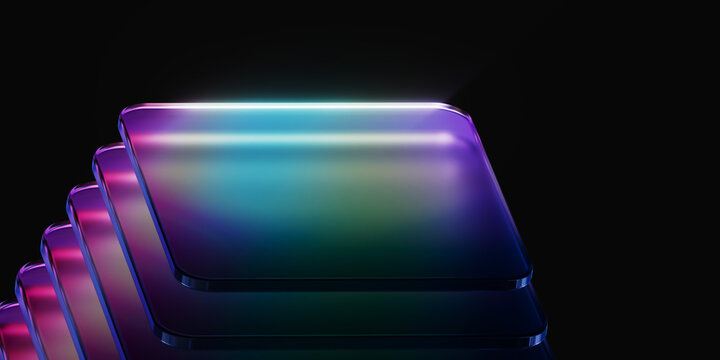 Iridescent glass slab stack with holographic gradient on black, 3d rendering of translucent layer for fintech app promotion and  tech startup branding