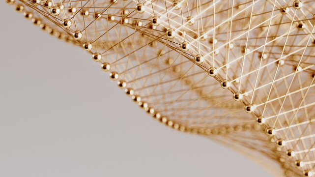 Golden wire mesh structure 3d rendering background, elegant geometric net for luxury branding, architecture presentation and premium design