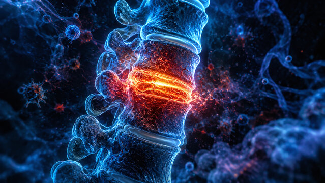 Medical illustration of spinal disc degeneration showing chronic back pain
