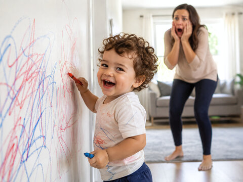 Happy toddler drawing on wall with crayons while shocked mother looks on
