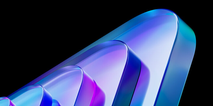 Curved iridescent glass abstract geometry with chromatic dispersion on black, 3d rendering of smooth curved form