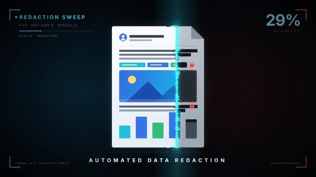 Automated data redaction sweep blacking out a document as the redacted percentage rises to 100