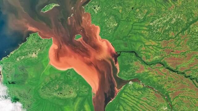 View on sandy bay, orange water in green area. Camera is zooming in, rotating clockwise. Animation based on image by NASA