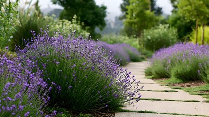 Obraz premium Lavender bushes line a stone path through a lush green garden under soft diffused daylight