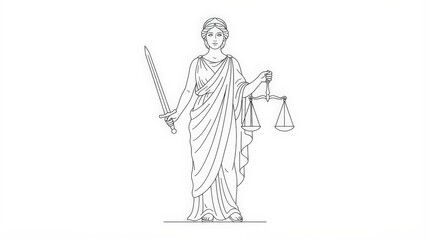 Fototapeta premium Lady Justice holding balanced scales and sword, representing the principles of law, order, and impartiality in the legal system.