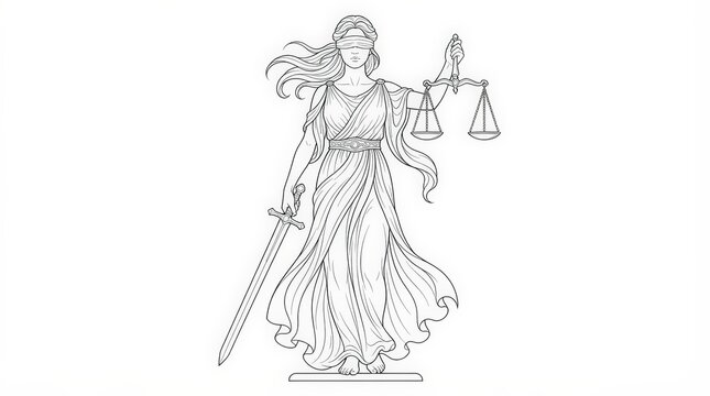 Lady Justice holding balanced scales and sword, representing the principles of law, order, and impartiality in the legal system.