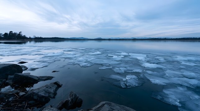 A serene winter scene featuring fragmented ice floes drifting on a calm lake under an overcast sky with distant tree lined shores