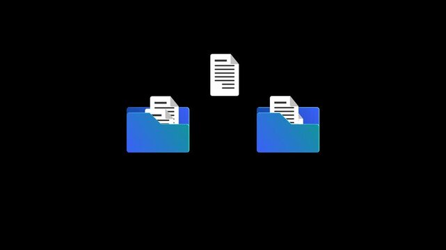Document file transfer animation between blue folders on transparent background