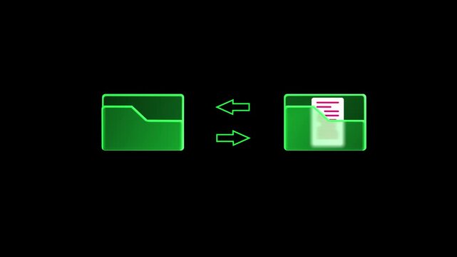 Data exchange and file transfer between glass green folders with arrows animation on transparent background