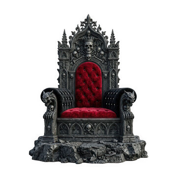 Elaborate gothic throne with skull and bone carvings and red velvet upholstery isolated on transparent background