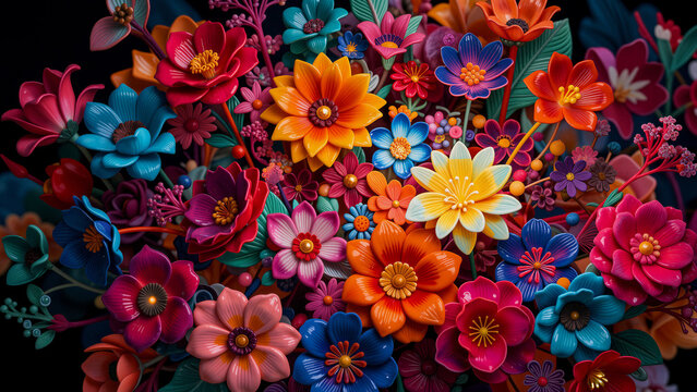 A vibrant and colorful bouquet of artificial flowers against a dark background.