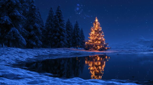 Glowing fir tree illuminated with warm lights beside a frozen lake under a starry winter night sky with holiday