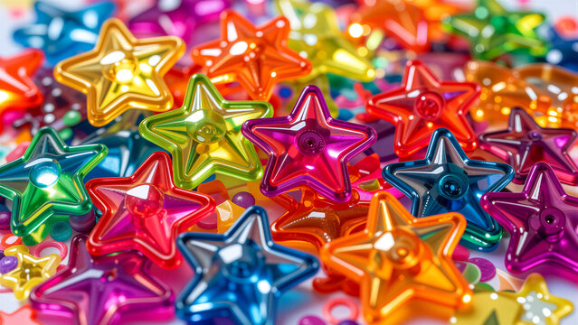 A pile of colorful star-shaped confetti in bright, vibrant colors.
