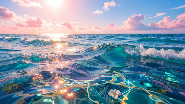 Tranquil ocean waves reflecting a soft sunset with ethereal glowing patterns.