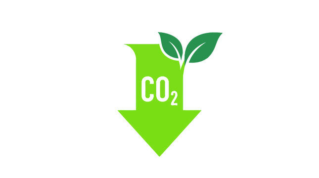 Green carbon dioxide emission reduction icon showing natural leaf growth on a downward pointing arrow