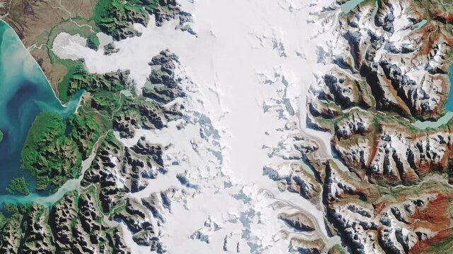 Top shot on north Patagonia. Ice, glaciers and mountains covered with snow. Camera is moving forward. Animation based on image by NASA