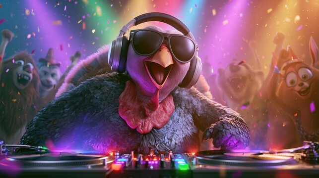 Funny Cartoon Turkey DJ Hosting a Colorful Thanksgiving Party with Animal Friends