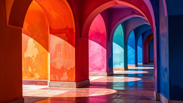 Colorful arched hallway with sunlight casting shadows on the floor.