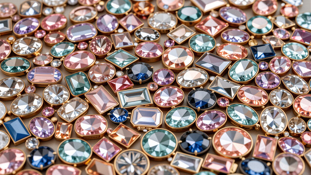 A vibrant collection of colorful faceted gemstones arranged in a pleasing pattern.