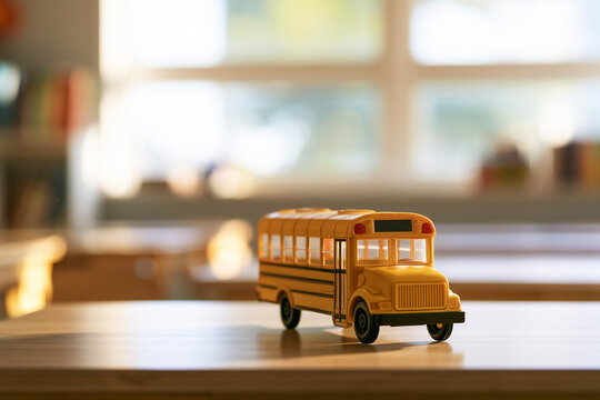 School Bus Copy Space - Bright Classroom Education. Premium education stock image featuring school bus in a bright modern learning environment suitable for schools, universities and e-learning.