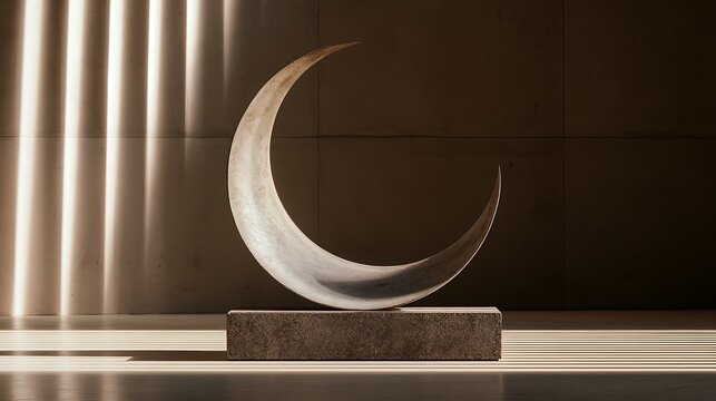 Crescent moon sculpture on a rectangular stone base in a modern room