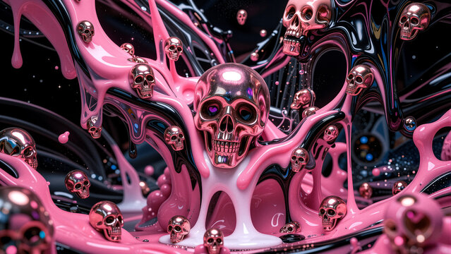 Pink and black viscous fluid with metallic skulls, abstract, surreal, dark fantasy.
