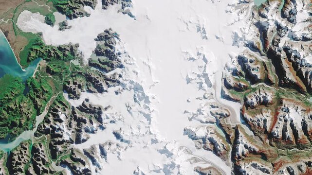 View from above on north Patagonia. Ice, glaciers and mountains covered with snow. Camera is zooming in, rotating clockwise. Animation based on image by NASA