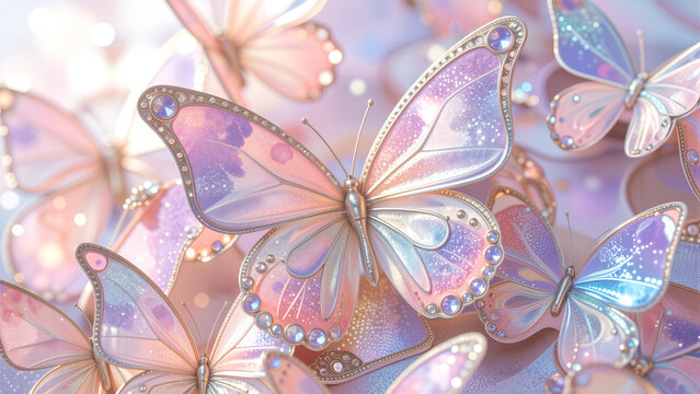 Magical iridescent butterflies with sparkling wings in soft pastel colors