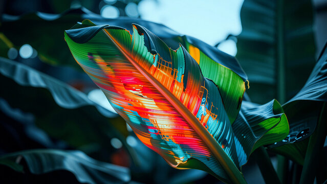Close-up of a vibrant, colorful banana leaf with abstract patterns