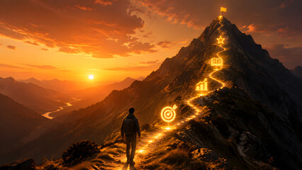 Fototapeta premium Hiker on a mountain trail at sunset with glowing digital achievement icons guiding the path to success and future goals