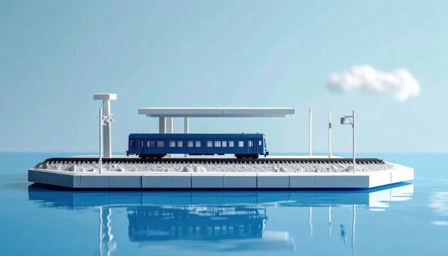 Minimalist model train on blue water platform.