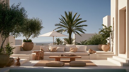 Fototapeta premium Outdoor terrace lounge with olive trees and wooden coffee table