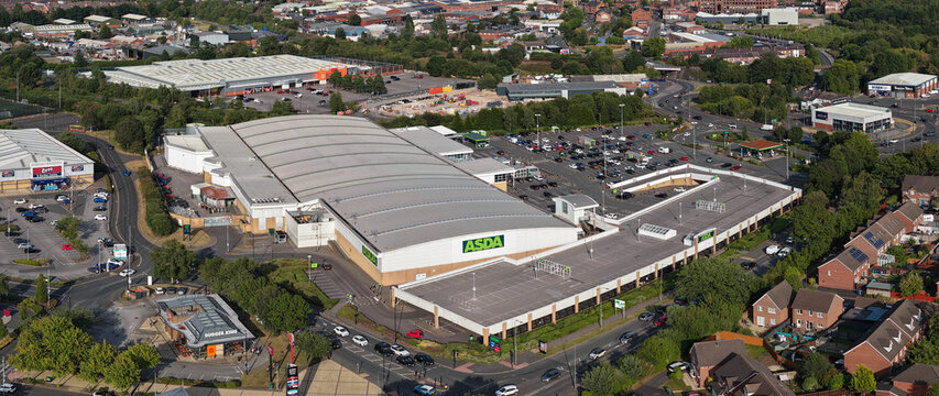 Aerial Image of Asda Superstore and Robin Retail Park in Wigan