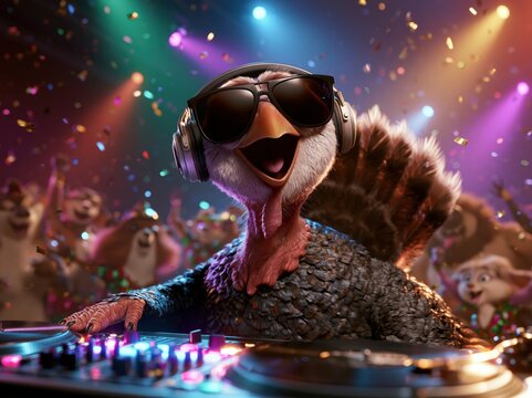 Funny Cartoon Turkey DJ Hosting a Colorful Thanksgiving Party with Animal Friends