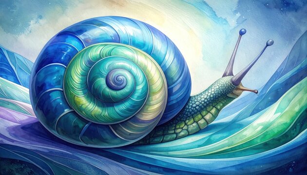 Macro view of blue spiral snail shell.