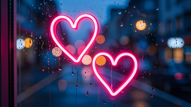 Neon hearts on a rainy window at night with bokeh lights