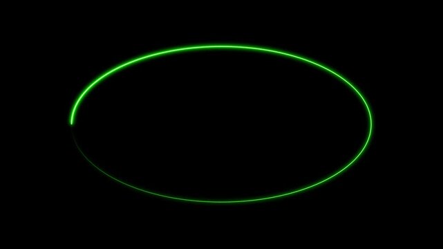 Glowing green oval light ring floating on a black background, simple abstract shape with neon shine and dark empty space for tech, design, or futuristic themes
