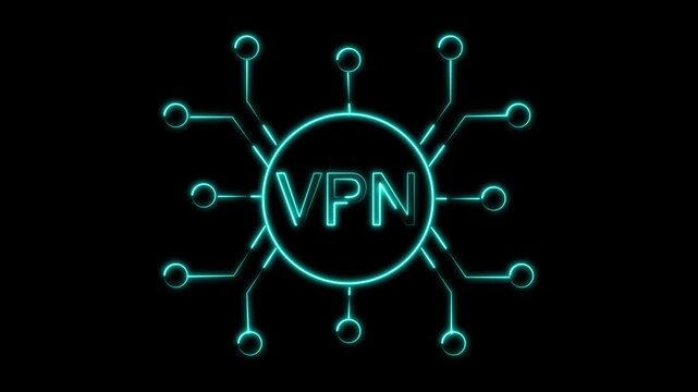 Glowing vpn symbol with neon blue circuit lines on a black background, showing online security, private network access, data protection and modern digital technology